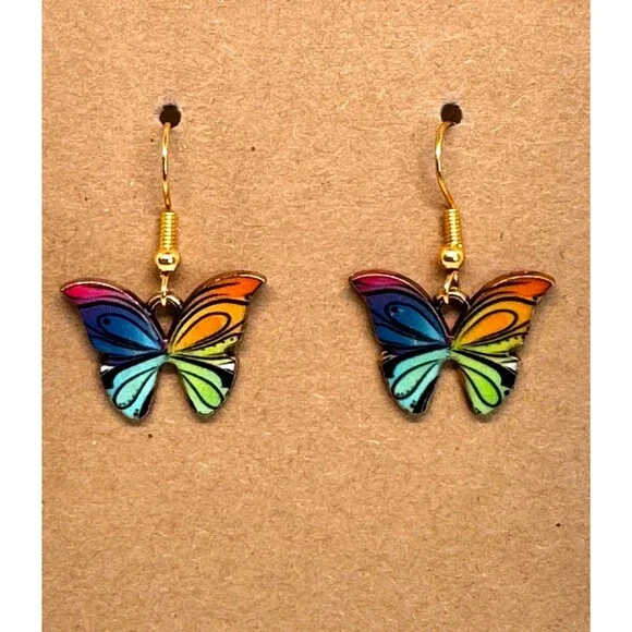Indio Jewelry Enamel Colorful Butterfly 10kt Gold Earrings #2068 - Picture 2 of 4